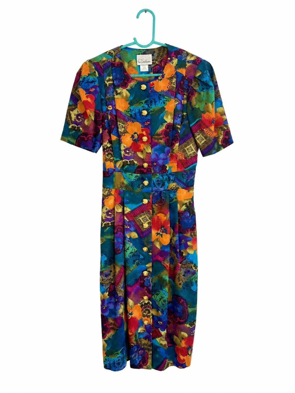 Vintage-Inspired Multicolor Floral Midi Dress with Button Front